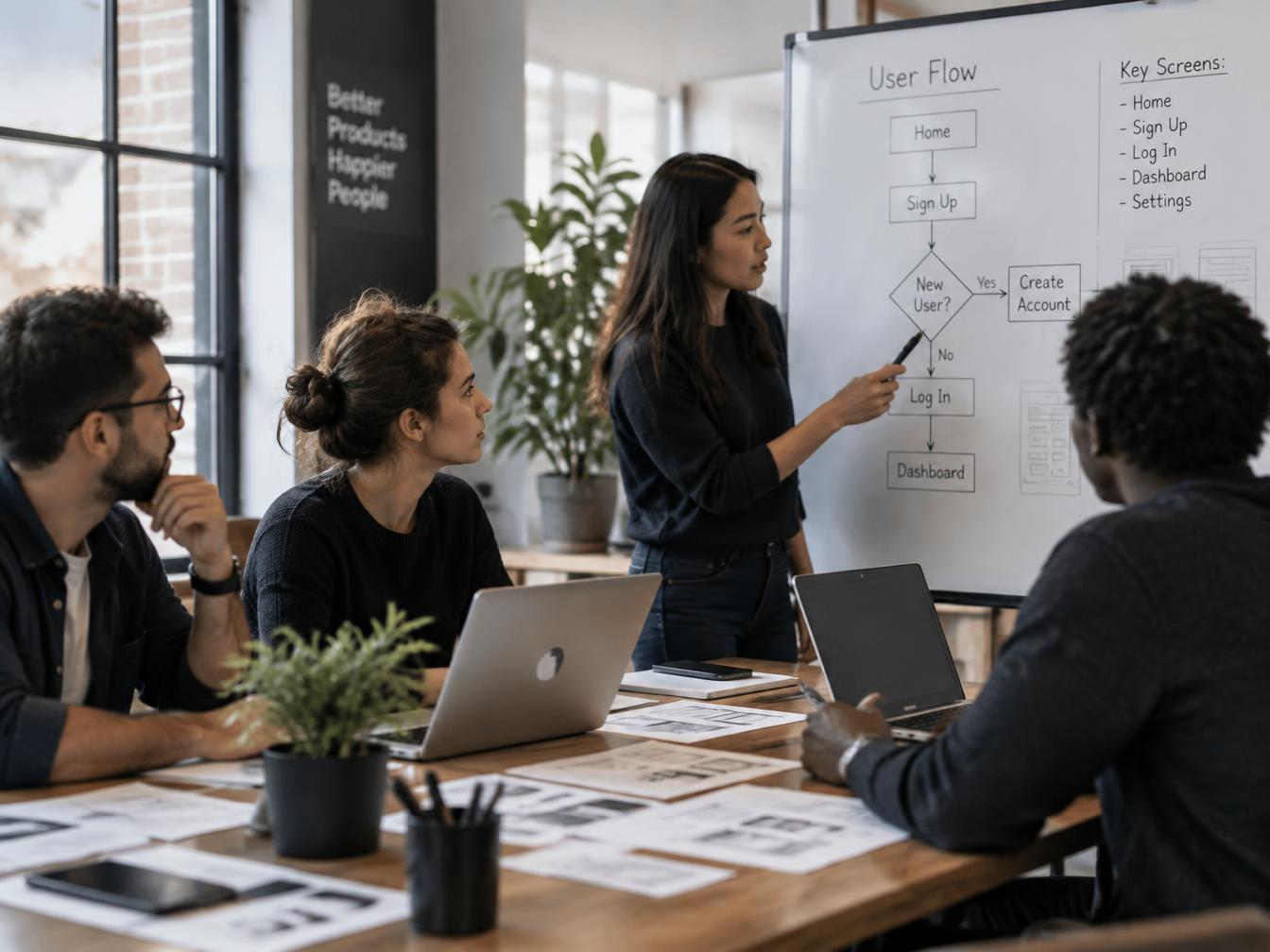A cross-functional technology team moving a project from discovery through planning, building, testing, feedback, and launch.